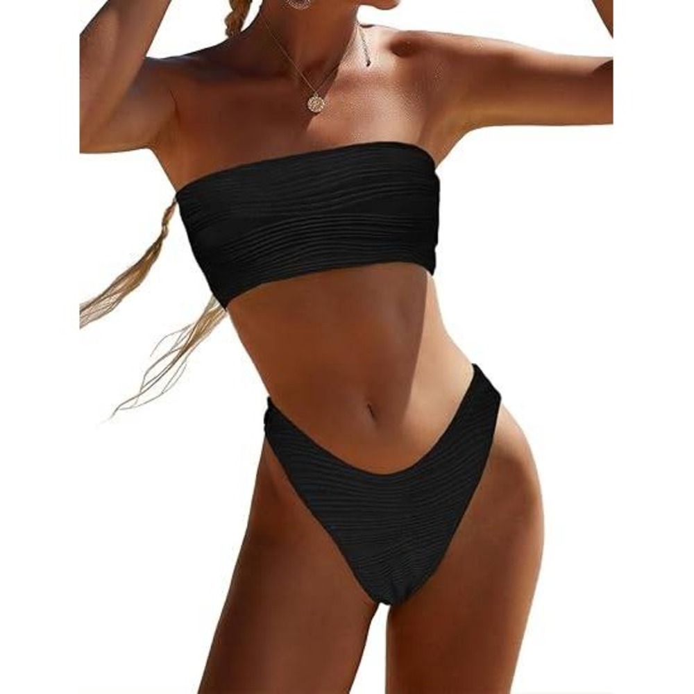 MSRP $39 YIMISAN Women's L Black Wave Two Piece Bandeau Swimsuit Ribbed Straples